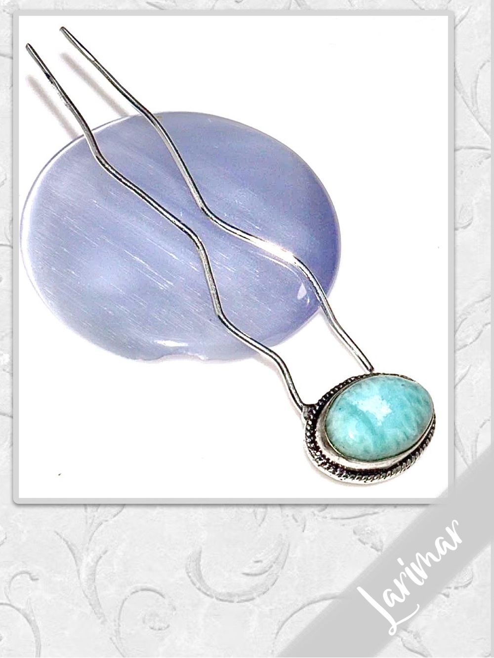 Larimar Large Eclectic Silver Artisan Hair Pin, 3.9” Aqua/Turquoise Blue, White